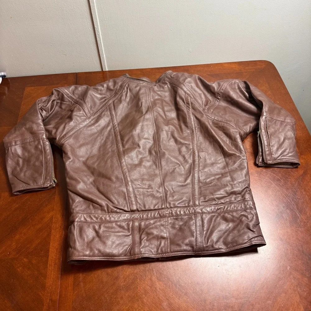 Vintage Brown‎ Genuine Leather Jacket Womens Moto Biker Minimalist Size M